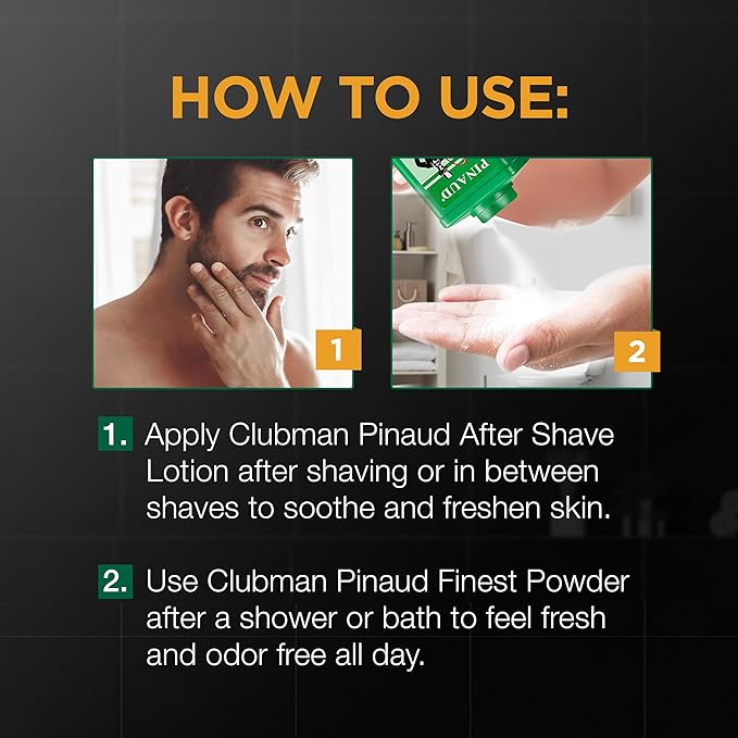 Clubman Pinaud After Shave Lotion, Classic Men’s Aftershave, 6 fl oz Pinaud Finest Powder, Classic White Powder for Men, Protection Against Sweat and Body Odor, 9 oz