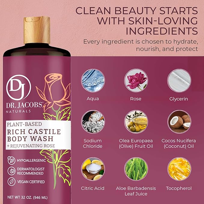 Dr. Jacobs Naturals Pure Castile Soap Liquid Body Wash, Rose - Plant Based Body Soap Infused with Vitamin E and Aloe Vera to Moisturize Dry and Sensitive Skin - Made in The USA - 32 oz, Pack of 3