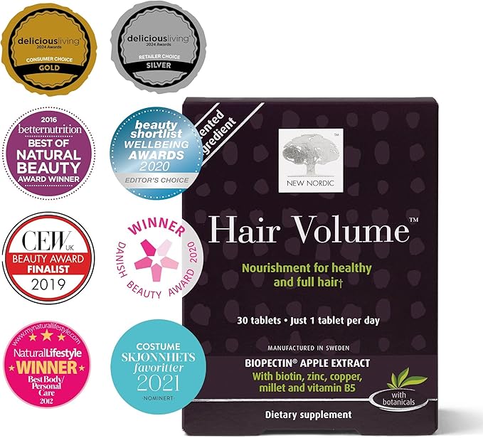 New Nordic Hair Volume Tablets, 3000 mcg Biotin & Biopectin Apple Extract, Hair Vitamins to Support Natural Hair Growth, 30 Count (Pack of 1)