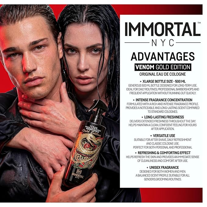 Immortal NYC Venom 'NEW GOLD EDITION', After Shave Spray Body/Face Men's Cologne, 17oz/500ml, Exclusive Barbers, Refreshes, Revitalizes and Relieves Face and Skin, Moisturizing Formula After Shaving