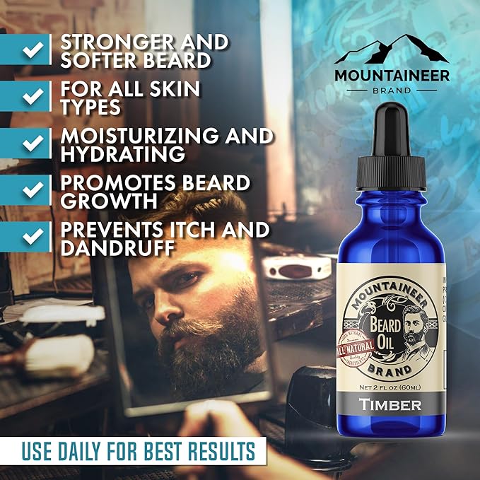 Mountaineer Brand Natural Beard Oil with Timber Scent | Made in West Virgina | Hydrates, Moisturises, Softens & Conditions for Beard Growth | Treats Dry Itchy Beards for Men | 2 oz 2 Pack