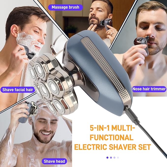 Head Shaver for Bald Men, 7D Electric Rotary Razor 5-in-1 Grooming Kit with Nose Hair Trimmer, Sideburn Clipper & Facial Brush, USB Rechargeable Wet & Dry IPX6 Waterproof Shaver with LED Display