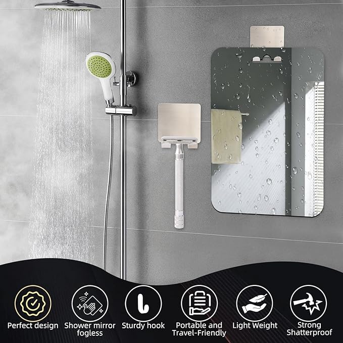 Shower Mirror Fogless for Shaving,Shower Mirror Fogless Set with 5 Blades,1 Double Edge Safety Razor,1 Cleaning Brush,1 Fog Free Shower Mirror,2 Shaver Holder and 1 Lifting Rope (Sliver)