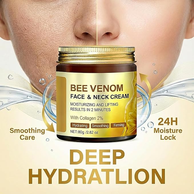 Bee Venom Cream for Face & Neck - Anti Aging Moisturizer with 2% Collagen - Hydrating Skin Firming & Lifting Formula - Natural Wrinkle Smoothing Daily Care for Women & Men, 2.82 oz