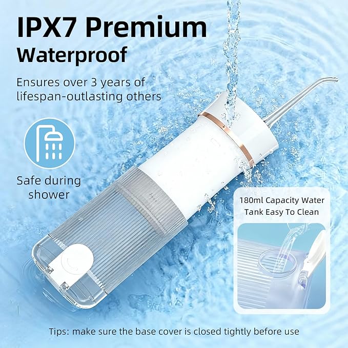 Portable Travel Water Dental Flosser: Mini Cordless Oral Irrigator with Telescopic 180ML Tank 3 Mode 5 Nozzles, IPX7 Waterproof Teeth Cleaner for Braces, Orthodontic, Sensitive Gums Home