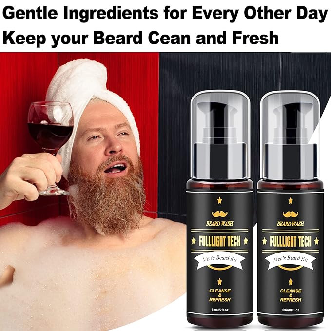 FULLLIGHT TECH Men's 2 Pack Beard Care Kit - Argan Oil & Jojoba Oils Shampoo, Rosemary Extract for Clean, Moisturizing and Nourishing Mustache & Beard Growth