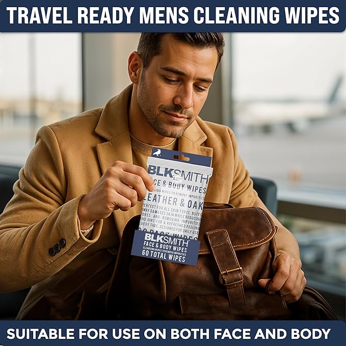 BLKSMITH Face & Body Wipes for Men - Travel Face & Body Wipes - Total 60 - Leather & Oak & Cedar Bourbon, Cool Gifts for Men 30x2 Wipe - Ideal for Gym, Office, or Outdoors, 2 Pack