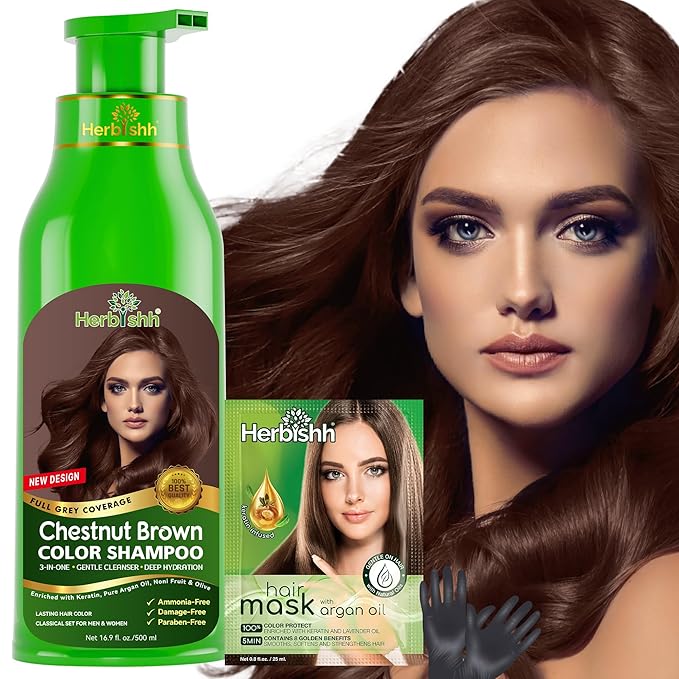 Herbishh Hair Color Shampoo for Gray Hair – Magic Hair Dye Shampoo – Colors Hair in Minutes–Long Lasting–500 Ml–3-In-1 Color for Women & Men –Ammonia-Free (Chestnut Brown)