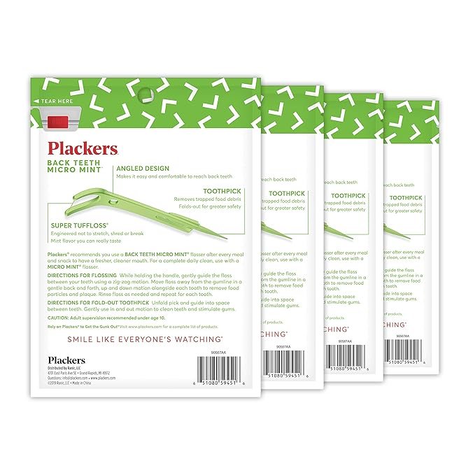 Plackers Back Teeth Micro Mint Dental Flossers, Delicious Mint Flavor, Provides Easy Access for Back Teeth, Built-in Protected Pick, Easy Storage, 75 Count, Pack of 4