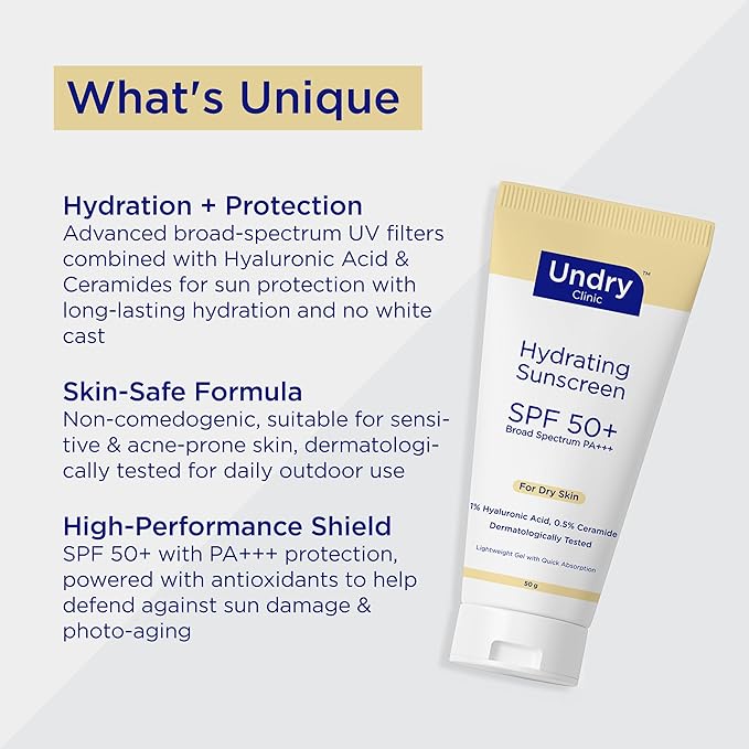 Hydrating Sunscreen for Dry Skin Lightweight, Photostable Sunscreen SPF 50 Broad Spectrum Sun Screen Protector SPF 50 Sunscreen Sun Cream with HA & Ceramide (50gm/1.7 Oz)