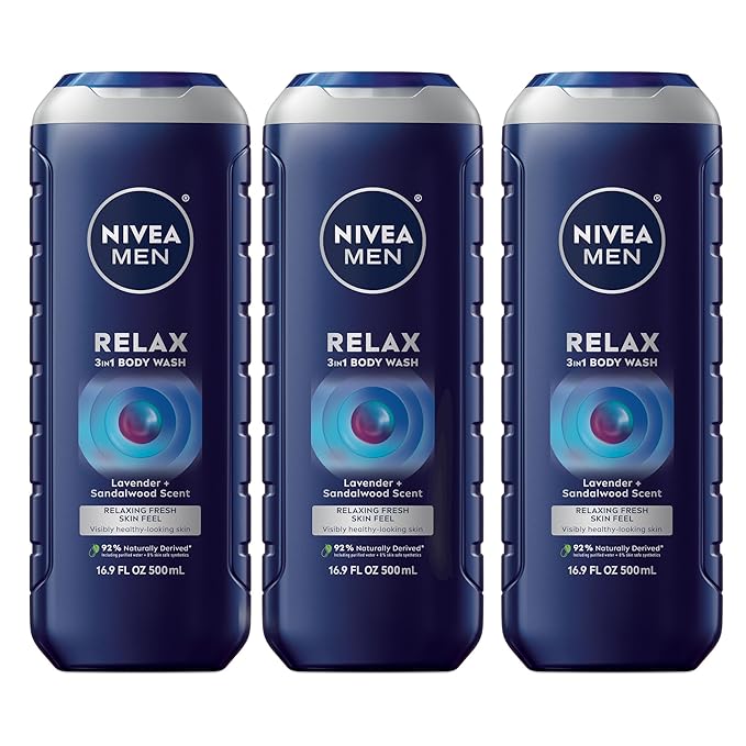 NIVEA MEN Relax Body Wash, Lavender and Sandalwood Scent, 3-in-1 Men's Body Wash, Face and Hair, Paraben Free, Vegan Formula, pH-Skin Friendly, 16.9 Fl Oz Bottle, Pack of 3