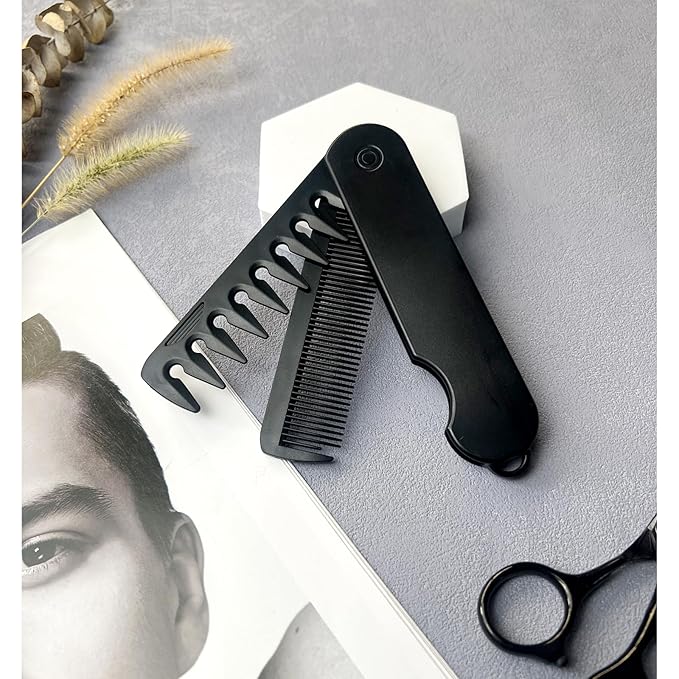2-in-1 Men's Protable Folding Pocket Comb - Black, Fine & Wide Tooth Comb for Hair and Beard Grooming