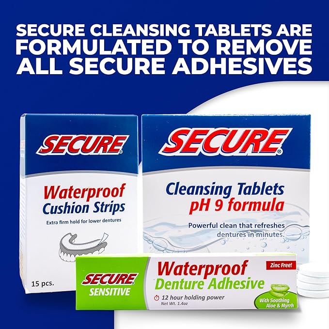 Secure Sensitive Denture Adhesive with Aloe Vera & Myrrh to Nourish Your Gums – Uppers, Lowers & Partials - Waterproof & Zinc Free - Food Grade Ingredients - Less Adhesive, More Hold - 1.4 oz (4 Pack)