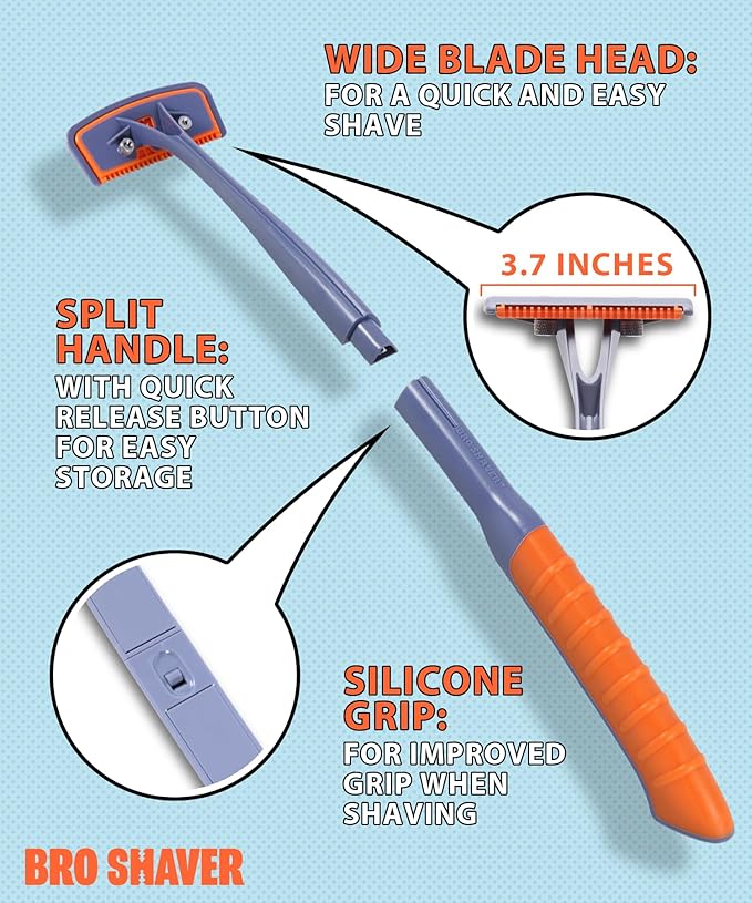 BroShaver 3.0, DIY Back & Body Hair Trimmer - Wet or Dry Shave for Men. Split Handle Razor with Ergonomic Grip