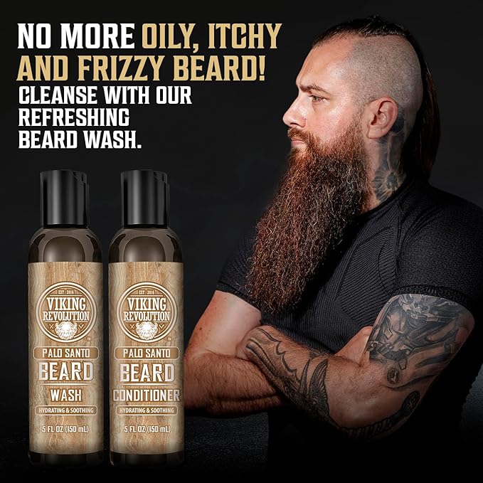 Viking Revolution Beard Wash and Beard Conditioner for Men with Argan Oil and Jojoba Oil - Beard Softener and Strengthener Beard Care Beard Shampoo and Conditioner with Ginseng Root (5oz, Palo Santo)