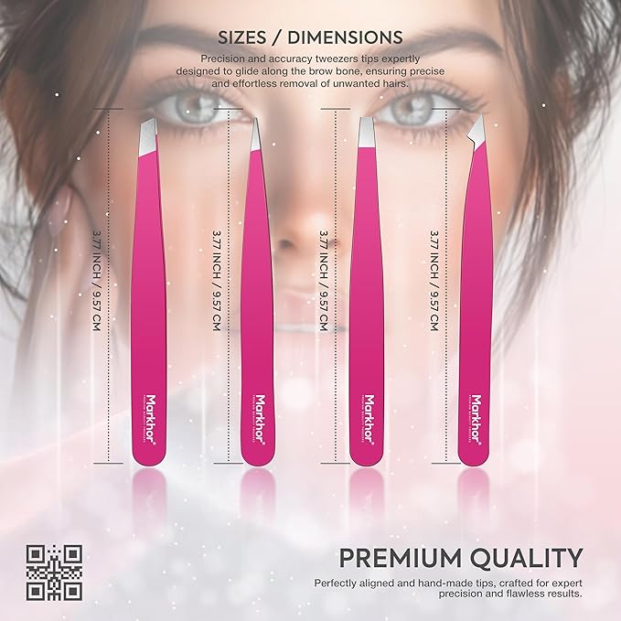 MARKHOR® Pink Aura Eyebrow Tweezers for Women Facial Hair, Splinter and Ingrown Hair Removal Tweezers Set, Professional Pointed and Slant Tweezers for Eyebrows, Precision Tweezers for Eyebrows