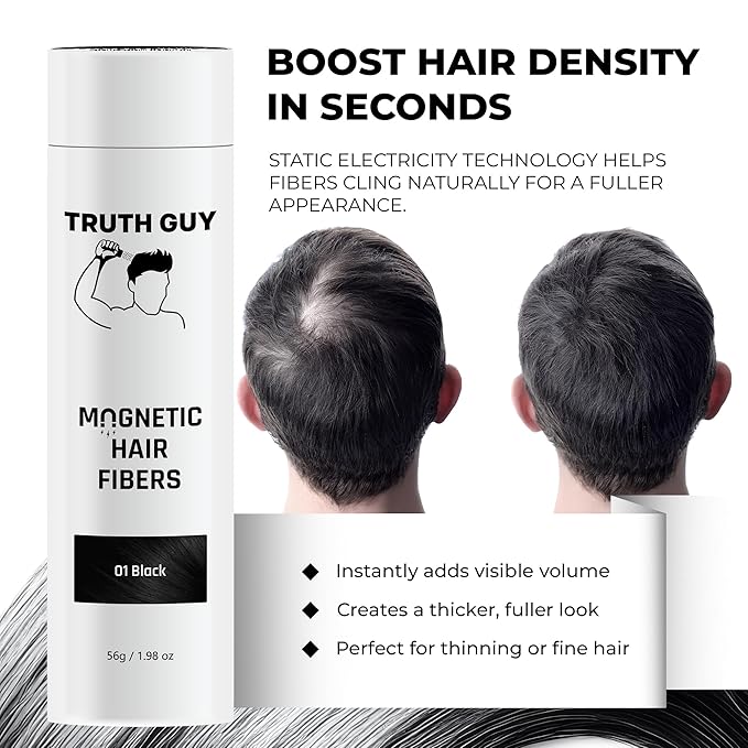 Truth Guy Magnetic Hair Building Fibers for Thinning Hair - Adds Volume & Thickness with Static Electricity Technology - Easy Application for Men & Women, Quick Results, Mess-Free. 2 oz. Medium Brown