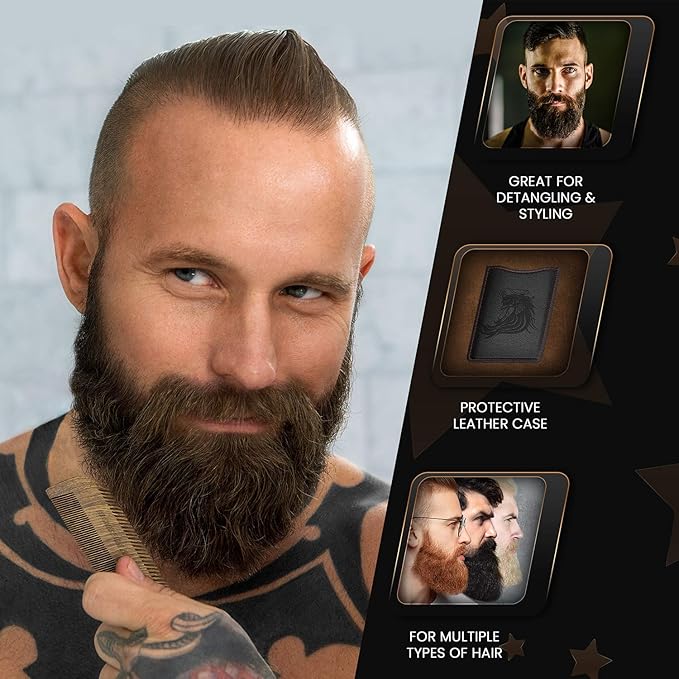 Bossman Pocket Size Sandalwood Comb with Protective Case - Fine and Wide Tooth for Beard, Mustache, and Hair Shaping Tool