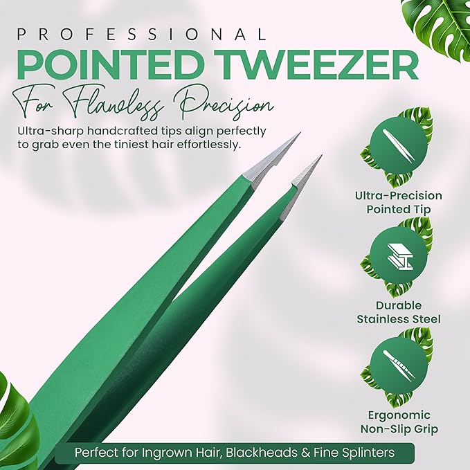 Pointer Stainless Steel Tweezers Women & Men Precision Eyebrow Tweezers for Facial Hair, Fine Tip Strong Grip Professional Tweezer for Shaping, Ingrown Hair & Splinter Removal (Matte Forest Green)