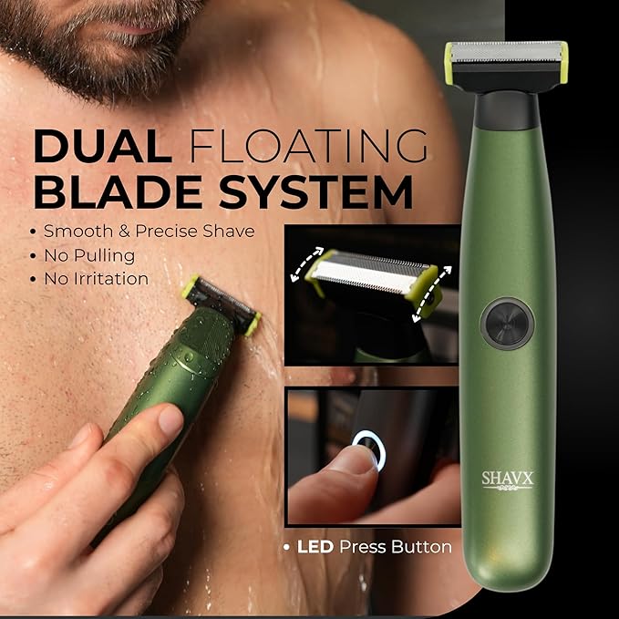 Full Body Shaver for Pubic Hair, Chest & Bikini with Skin-Safe Dual Floating Razor Blades for Sensitive Areas | Rechargeable Waterproof Electric Razor & Beard Trimmer with 3 Combs | Green