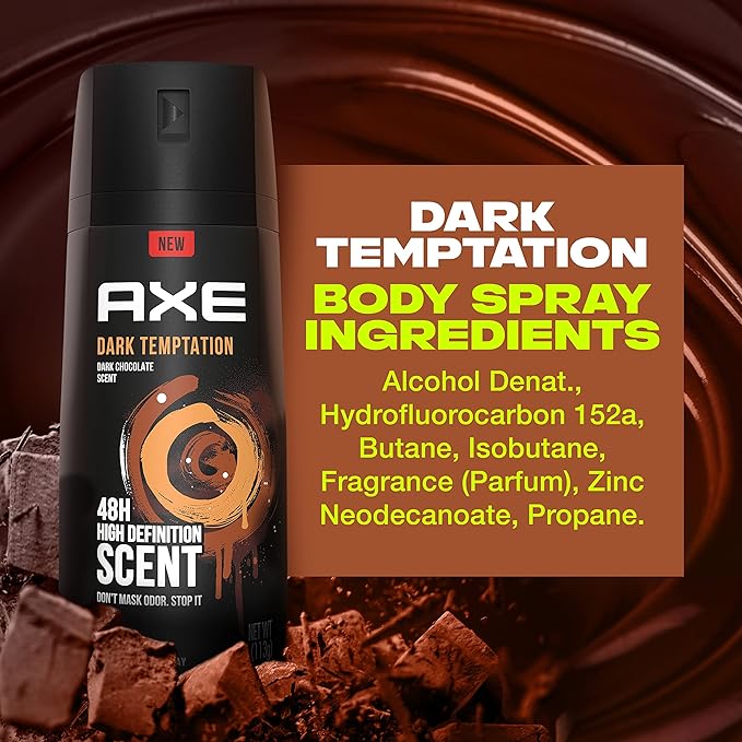 AXE Dual Action Body Spray Deodorant for Long Lasting Odor Protection Dark Temptation Body Spray Deodorant for Men Formulated Without Aluminum 4. 0 oz, Twin Pack