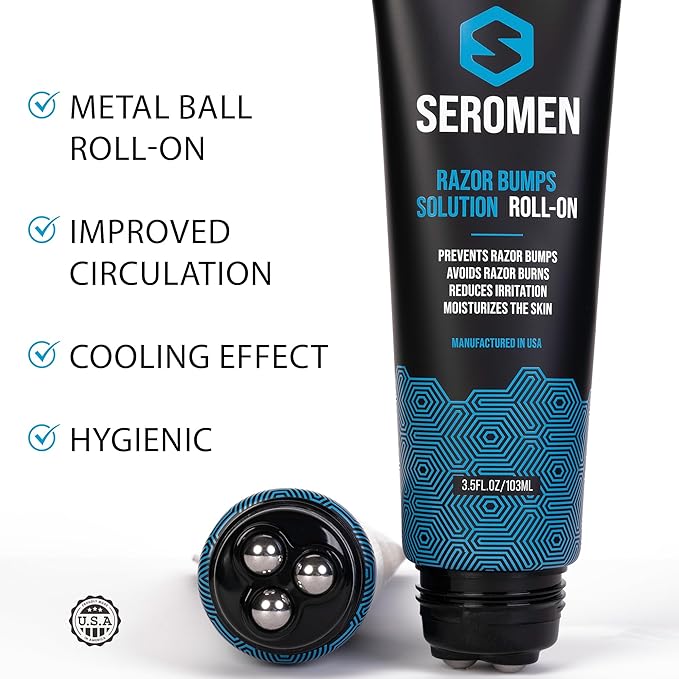 Seromen Razor Bump Treatment for Men – 3.5 fl oz Roll-On Serum for Face and Body Ingrown Hair and Razor Burn Solution, Soothes Skin, Calms Irritation, Made in USA