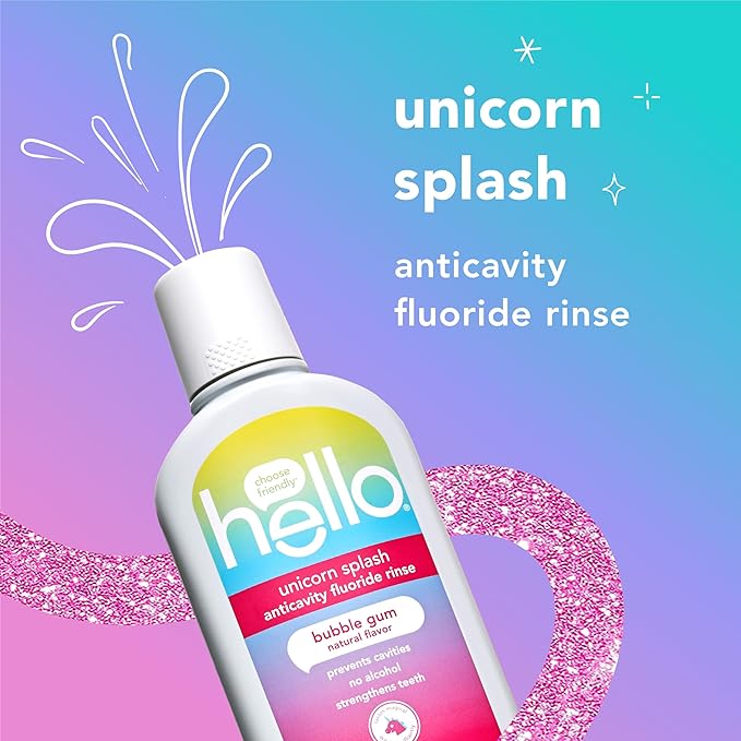 Hello Kids Mouthwash with Unicorn Bubble Gum Flavor, Alcohol Free Mouthwash for Kids with Fluoride, Safe for Ages 6 and Up, Anticavity, Vegan, No Alcohol, No Dyes, 16 Oz Bottles (Pack of 3)