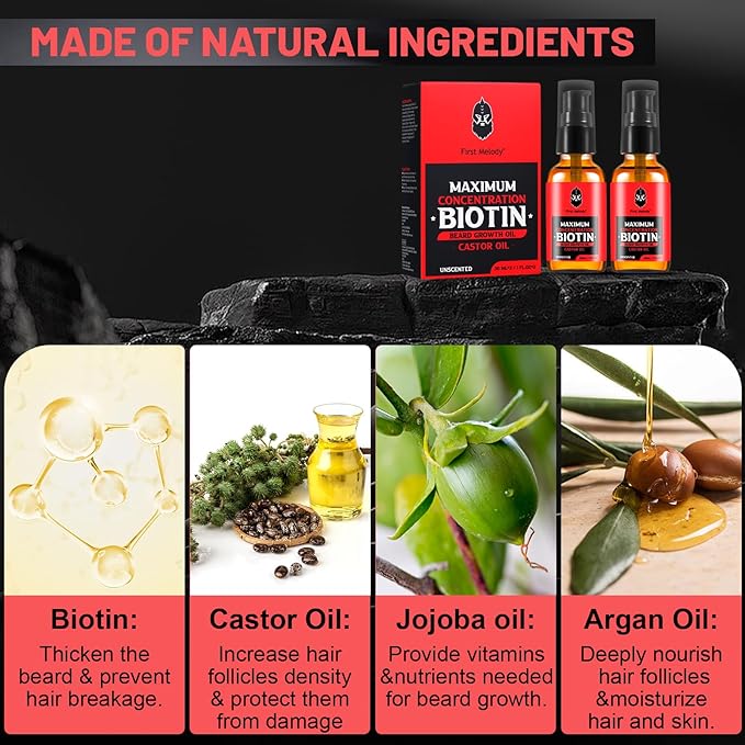 Beard Oil,Maximun Thickening Biotin, with Castor Oil and Argan & Jojoba Oils, Promotes Beard Growth, Styles, Strengthens & Softens Beards & Mustaches,1 Ounce*2（2 Pack）