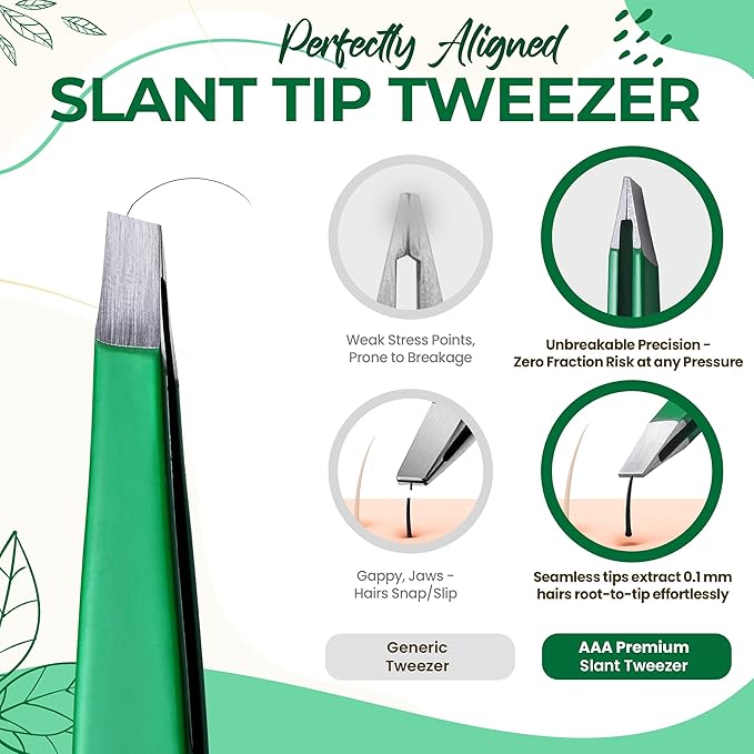 Professional Slant Tip Eyebrow Tweezers for Women & Men – Precision Hair Removal Tool – Stainless Steel Tweezers for Eyebrow Shaping, Facial Hair, Ingrown Hair & Splinter Removal (Jade Green)