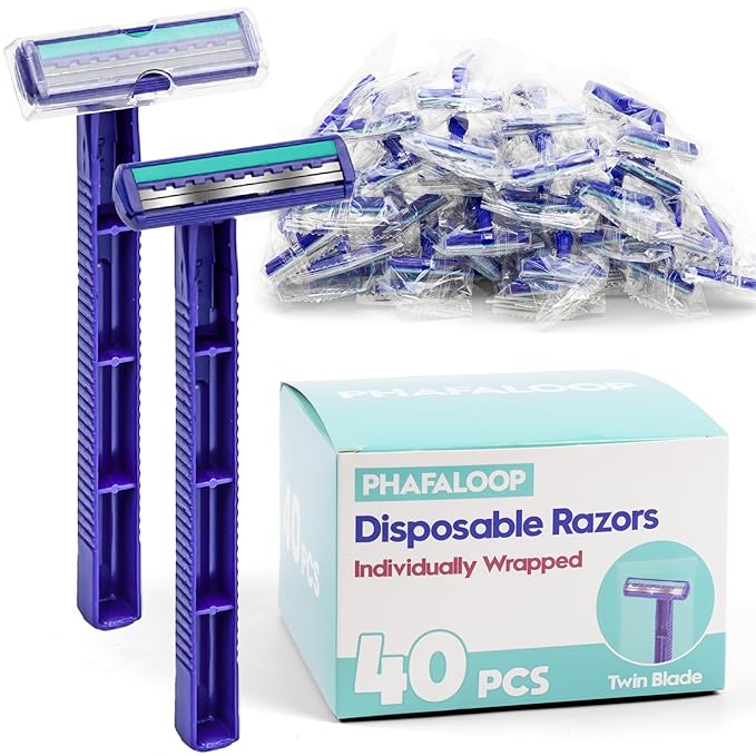 Individually Wrapped Twin Blade Disposable Razors – 40 Pack Stainless Steel Shavers with Lubricating Strip, Safety Cap & Non-Slip Handle for Sensitive Skin, Travel, Hotel, Hygiene Use