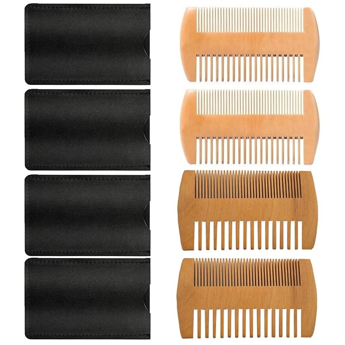 4 Pack Double-Sided Pocket Comb, Wooden Dual Action Beard and Mustache Comb Set with Leather Cases for Beards and Mustaches (Peach wood finish*2, Yellow rosewood finish*2)