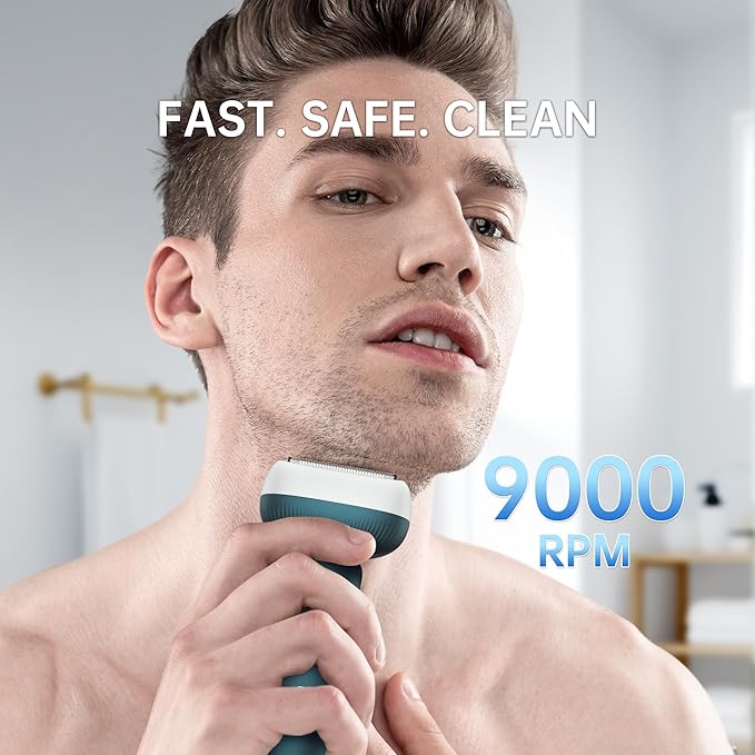 Electric Shaver for Men with Floating Arc 3-Blade, 9000 RPM, Magnetic Head, 1 Hour Fast Type-C Charging can Last for 60 Days, IPX7 Waterproof, Skin-Friendly Blade for Smooth Shaving, Green