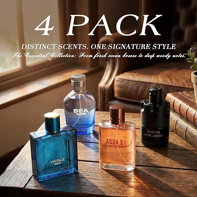 Hybrid & Company Mens 4 Pcs Hunter Noir Absolu Sea Passion Aqua Di Rinascita Lecno Vintage Heroes Eau De Perfum Vaporisateur Natural Spray