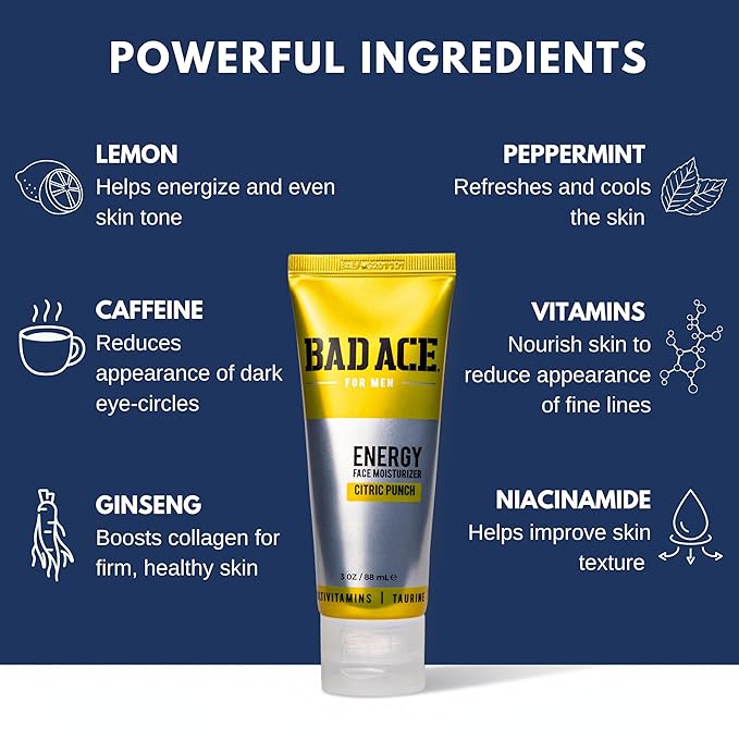 BAD ACE Energy Daily Face Wash | Korean Skin Care Formula Mens Face Wash for Dry Skin, Sensitive, Acne-Prone | Facial Cleanser for Men with Vitamins, Citric Punch, 4 Oz