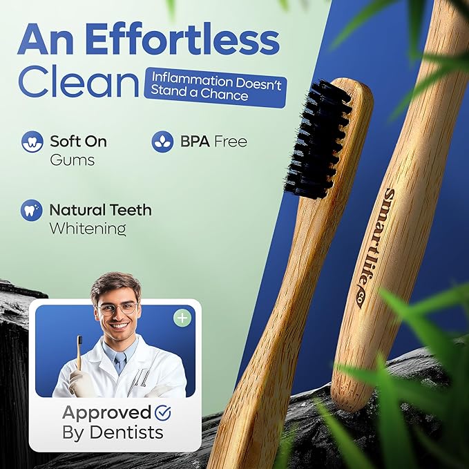 SmartLifeco Charcoal Bamboo Toothbrushes PRO - Extra Soft Natural Bristles for Adults & Kids Teeth | Zero Waste Bulk Wooden Tooth Brush | BPA Free, Eco-Friendly, Vegan - 6 Pack