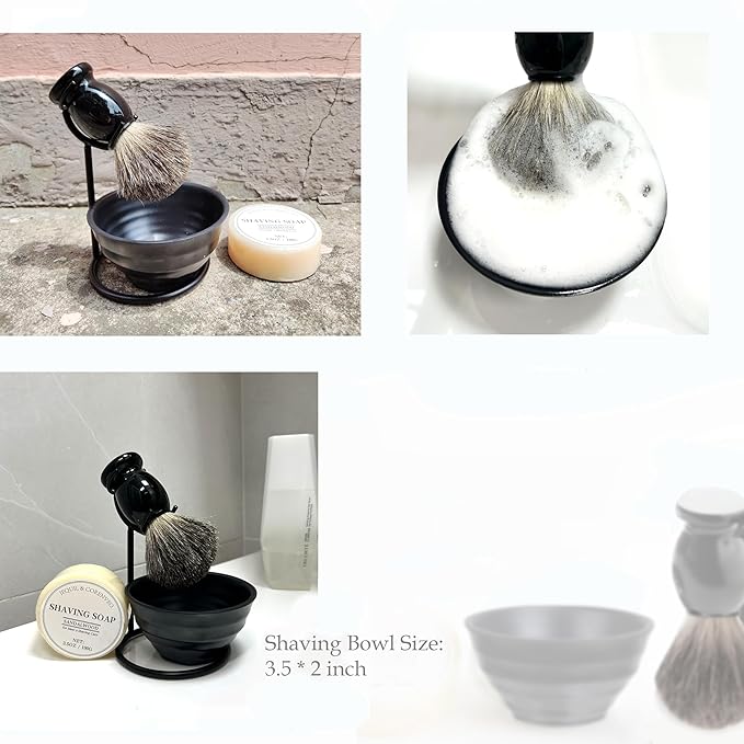 JEQUIL&CORENVEO Shaving Brush Set for Men, Pure Badger Hair Shaving Brush with Soap, Stand and Bowl