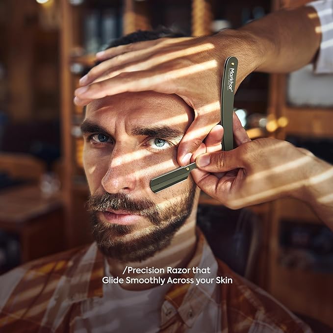Markhor® Straight Razors for Men with 100 Single Edge Razor Blades | Barber Straight Razor | Straight Edge Razor | Barber Razor Blade | Navajas Para Barbero (Camo Green)