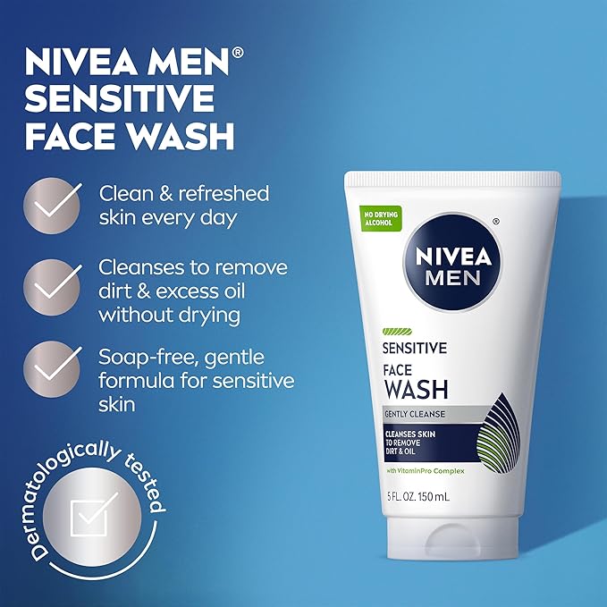 NIVEA MEN Sensitive Face Wash with Vitamin E and Chamomile Extract, No Drying Alcohol, Gentle Face Wash for Men with Sensitive Skin, 5 Fl Oz Tube