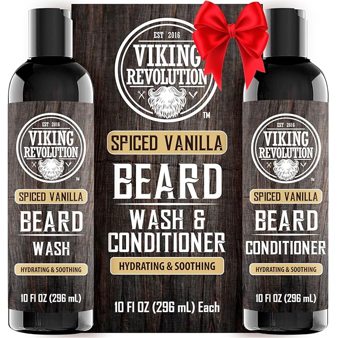 Viking Revolution Beard Wash and Beard Conditioner for Men with Argan Oil and Jojoba Oil - Beard Softener and Strengthener Beard Care Beard Shampoo and Conditioner with Beard Oil (10oz,Spiced Vanilla)