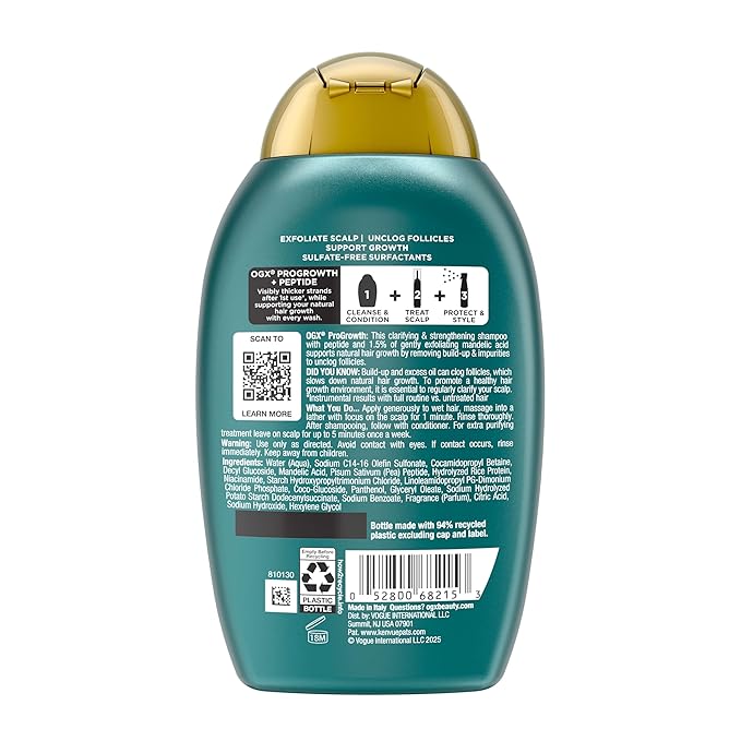 OGX ProGrowth + Peptide Clarifying Shampoo, Gentle Exfoliating Scalp Shampoo Supports Natural Hair Growth by Removing Scalp Build-Up, 1.5% Mandelic Acid, 13 fl. oz