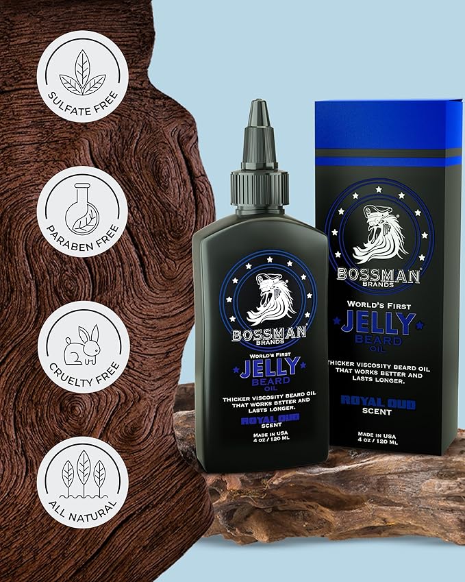 Bossman Jelly Beard Oil for Men (4 oz, Royal Oud Scent) – Softens, Moisturizes & Conditions with Natural Ingredients