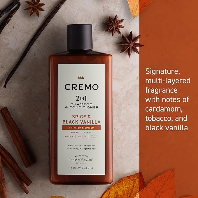 Cremo Spice & Black Vanilla 2-in-1 Shampoo & Conditioner, Barber Grade Quality That Moisturizes and Cleanses All Hair Types, 16 Fluid Ounce
