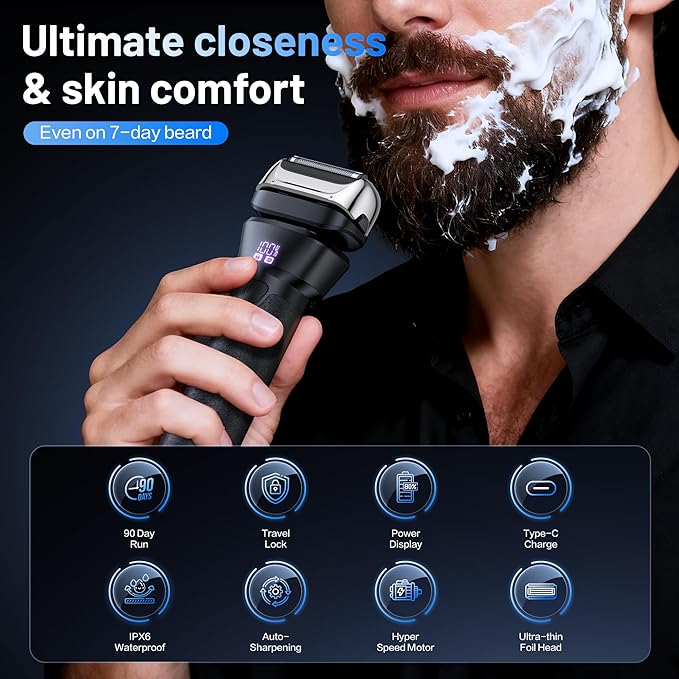Electric Foil Shavers for Men Electric Razor with 4D Flex Floating Heads,Rechargeable Beard Trimmer with LED Display,Cordless Face Shaver for Travel,IPX6 Waterproof Wet Dry Face Razor,USB Type C