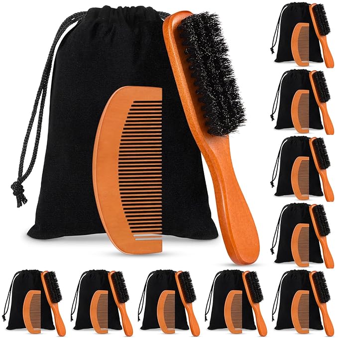 10 Sets Natural Boar Bristle Brush, Pear Wood Dual Sided Wide Tooth Comb with Travel Pouch - Beard Grooming Kit for Men's Beard Care, Valentine Gift (Long Handle)