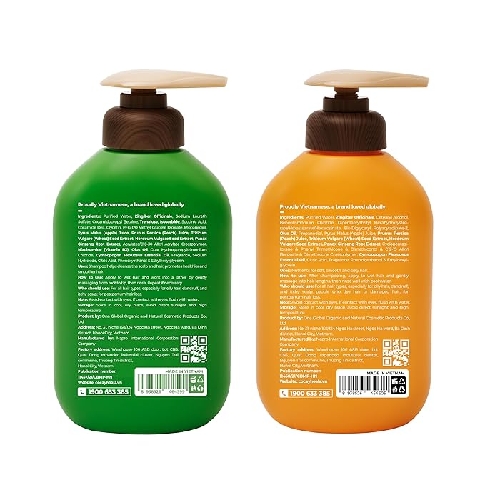 VIETNAM Shampoo and Conditioner Set for Thinning Hair, Lemongrass and Ginger Shampoo for Hair Strengthening & Reduced Breakage, Paraben Free (17.64 oz, 2 Pack) COCAY HOALA