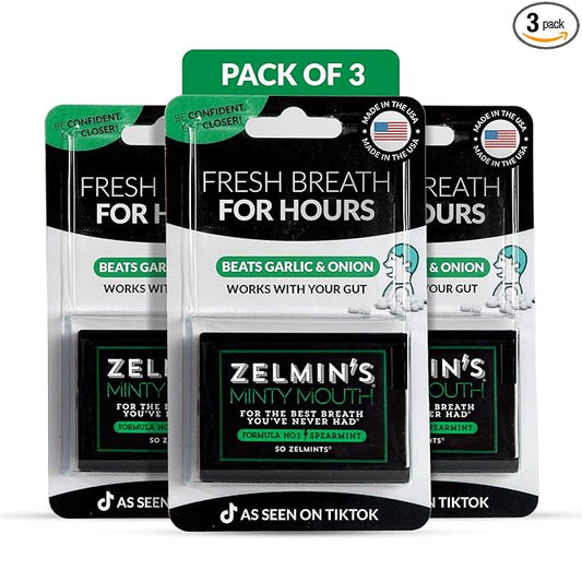 Zelmin's Minty Mouth Breath Freshener - (3 Pack) Long Lasting Bad Breath Treatment for Adults, Instant Freshness Helps with Dry Mouth, Natural Breath Mints for Travel, Alcohol-Free, Keto, Gluten-Free