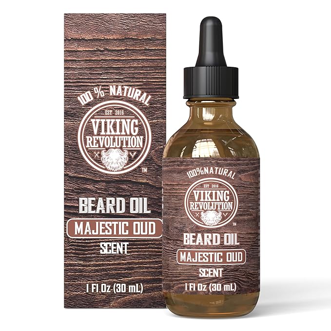 Viking Revolution Majestic Oud Beard Oil for Men - Natural Mens Beard Oil with Argan Oil and Jojoba Oil - Beard Softener, Strengthens and Moisturizes - Beard Conditioner for Men (Majestic Oud,1 Pack)