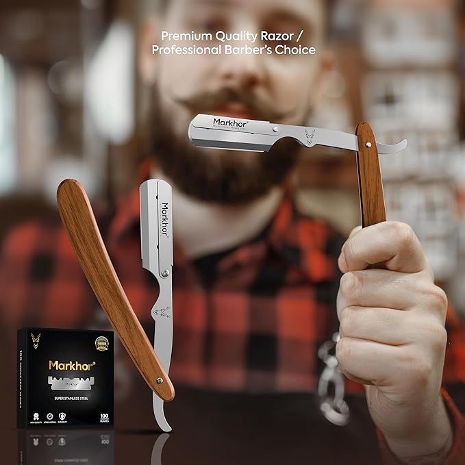 Markhor® Straight Razors for Men with 100 Single Edge Razor Blades | Rose Wood Polish Barber Straight Razor | Straight Edge Razor | Barber Razor Blade | Navajas Para Barbero