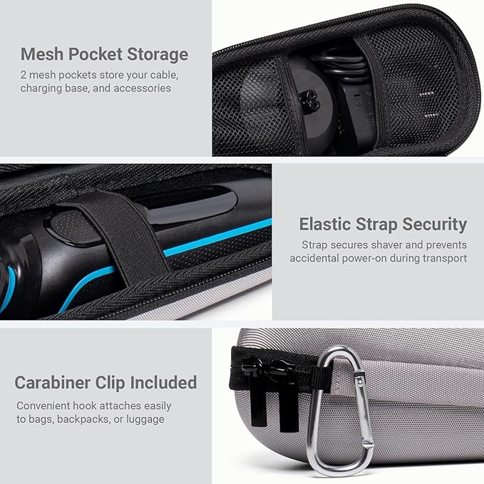 Nincha Electric Razor Case for Braun Series 3, 5, 7, 9 Shavers, Hard Shell EVA Travel Case with Charger Storage, Shaver Protective Carrying Case with Carabiner, Silver, Compact, Practical
