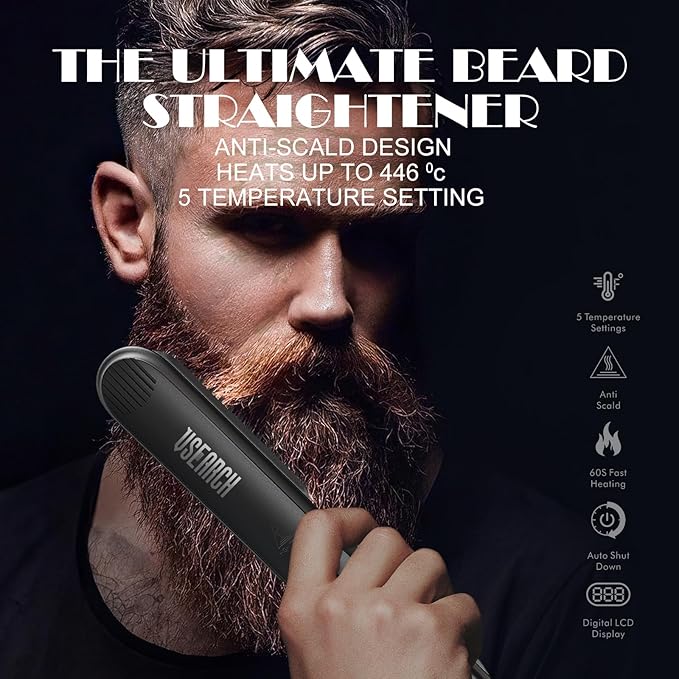Heated Beard Straightener for Men - 5-Temp Settings & Anti-Scalding Tech, Folding Styling Comb, Compact for Travel, Perfect Grooming Gift for Father's Day, Anniversary & Birthday